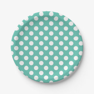 Assiettes En Carton Fête d'anniversaire turquoise et blanc à pois