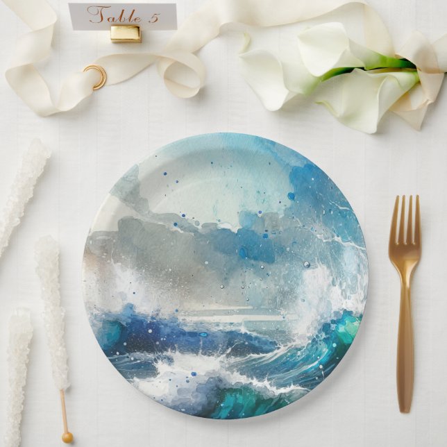 Assiettes En Carton Fête d'anniversaire Vagues d'aquarelle Ocean Splas (Mariage)