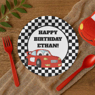 Assiettes En Carton Fête d'anniversaire voiture de course rouge à carr