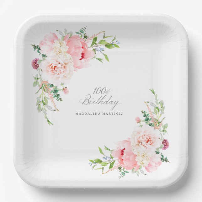 Assiettes En Carton Fête de 100e anniversaire personnalisée fleurs ros (Recto)