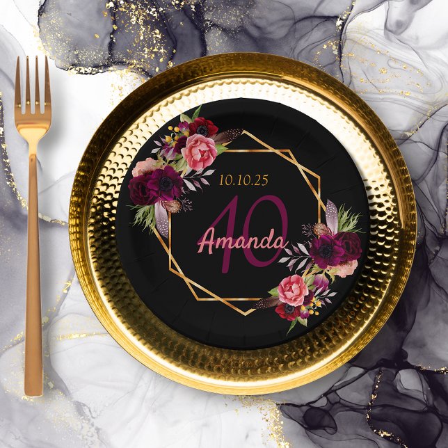 Assiettes En Carton fête de 40e anniversaire noir or geo floral bordea (Créateur téléchargé)