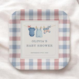 Assiettes En Carton Fête de Baby Shower à carreaux Rouges Blancs