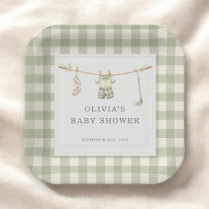 Assiettes En Carton Fête de Baby Shower Club de Golf Gingham Vert Saug