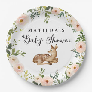Assiettes En Carton Fête de baby shower de cerfs à fleurs d'aquarelle