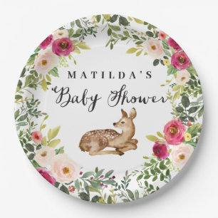 Assiettes En Carton Fête de baby shower de cerfs de fleurs d'aquarelle