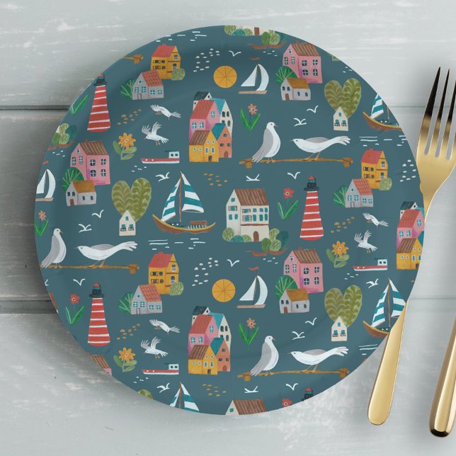 Assiettes En Carton Fête de baby shower pour garçon avec motif bleu cô (Coastal boy baby shower party paper plates)