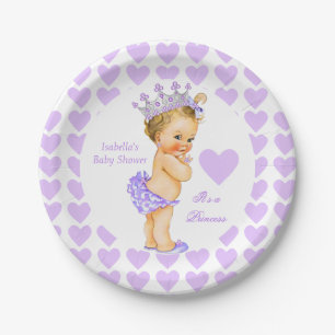 Assiettes En Carton Fête de Baby Shower Princesse Cœur Violet Blonde