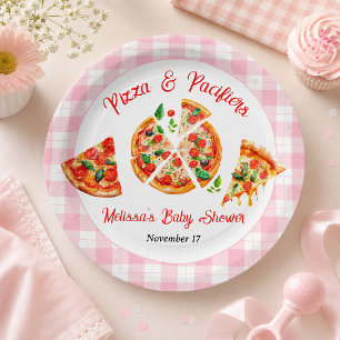 Assiettes En Carton Fête de Baby Shower Rose à Carreaux et Pizza avec