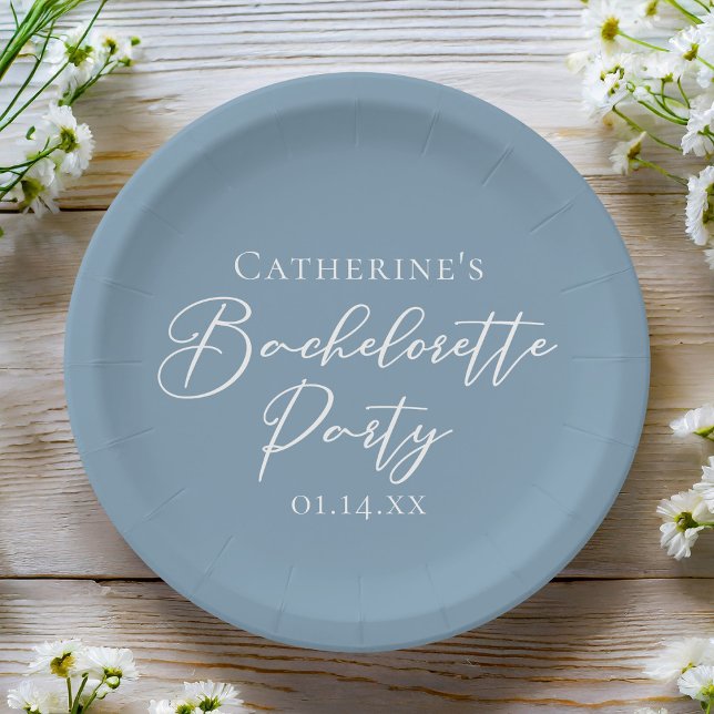 Assiettes En Carton Fête de Bachelorette Personnalisée Chic Bleu Pouss (Créateur téléchargé)