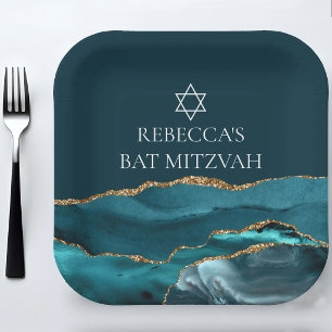 Assiettes En Carton Fête de Bat Mitzvah élégante sarcelle or personnal