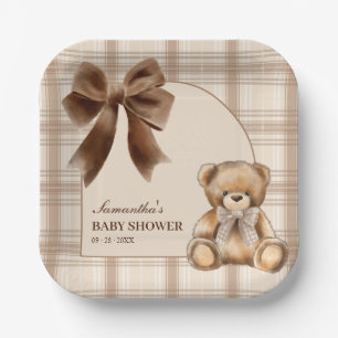 Assiettes En Carton Fête de bébé à carreaux beige Ourson Préparé