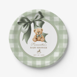 Assiettes En Carton Fête de bébé à carreaux vert sauge ourson chic