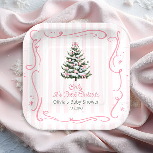 Assiettes En Carton Fête de bébé arbre de Noël d'hiver rose