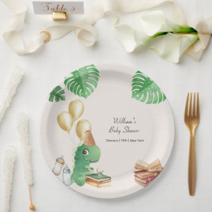 Assiettes En Carton Fête de bébé ballon livre de dinosaure neutre