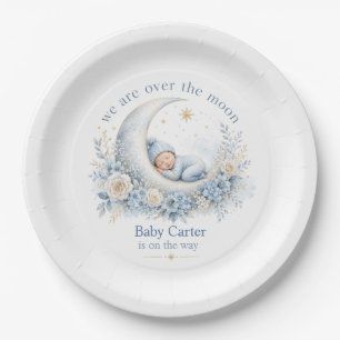 Assiettes En Carton Fête de bébé bleu « Over the Moon » avec nom perso