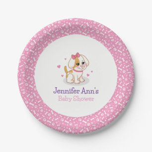 Assiettes En Carton Fête de Bébé Chien Chiot C'est une Fille Ruban Ros