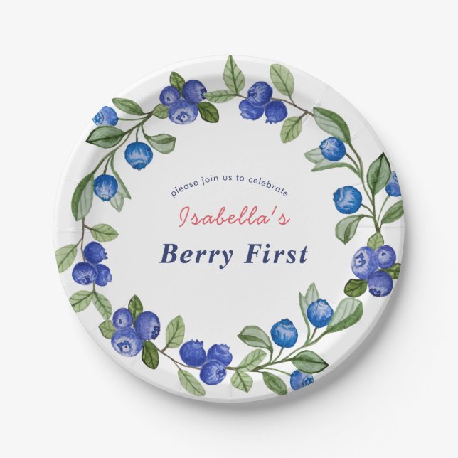 Assiettes En Carton Fête de bébé douce myrtille (Devant)