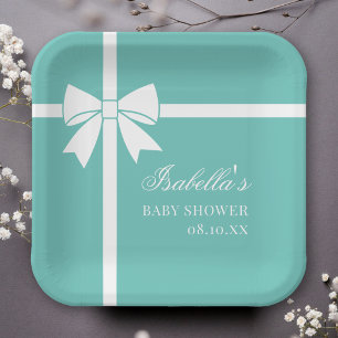 Assiettes En Carton Fête de Bébé Élégant Ruban Bleu Sarcelle et Blanc