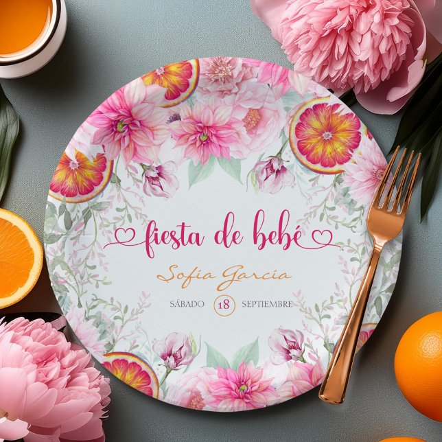 Assiettes En Carton Fête de Bébé Espagnole Citrus et Fleurs Roses (Citrus & Pink Watercolor Flowers Baby Shower Paper Plates)