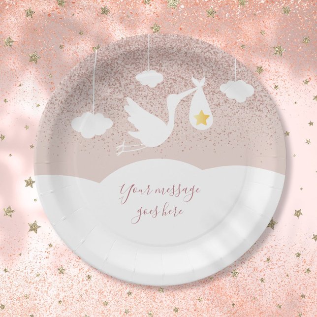 Assiettes En Carton Fête de Bébé Étoile Rose Doré Paillettes Cigogne (Baby Shower Rose Gold Star Glitter Stork Paper Plates)