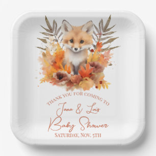 Assiettes En Carton Fête de Bébé Feuillage Aquarelle Renard de Bois