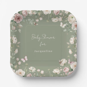 Assiettes En Carton Fête de Bébé Fille à Bée Rose Florale Mousse Verte