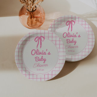 Assiettes En Carton Fête de Bébé Fille Arc-en-ciel Rose à Ruban Gingha
