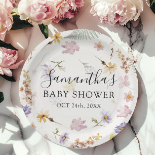Assiettes En Carton Fête de bébé Fleur sauvage Aquarelle Fille