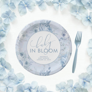 Assiettes En Carton Fête de Bébé Fleurs Bleu Poussiéreux Bébé en Fleur
