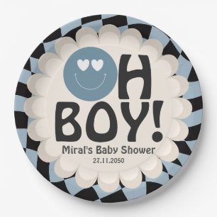 Assiettes En Carton Fête de Bébé Garçon Groovy Bleu Visage Heureux