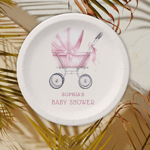 Assiettes En Carton Fête de Bébé Landau Vintage Rose