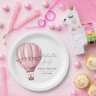 Assiettes En Carton Fête de Bébé Montgolfière Rose Aventure Fille