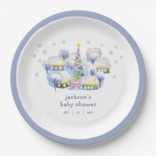 Assiettes En Carton Fête de bébé Neige d'hiver Bleu Il Faut Un Village