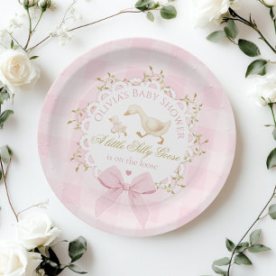 Assiettes En Carton Fête de bébé Silly Goose Rose à Carreaux