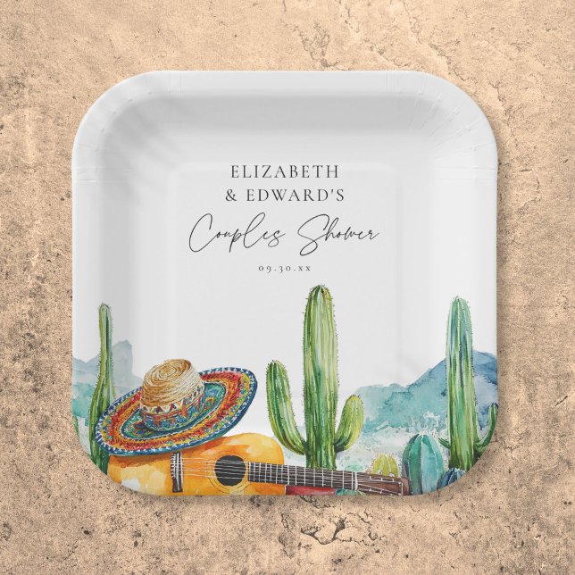 Assiettes En Carton Fête de couples Fiesta mexicaine au cactus à l'aqu (Watercolor Mexican Cactus Fiesta Couples Shower Paper Plates)