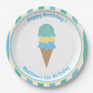 Assiettes En Carton Fête de crème glacée pour enfants Bleu Vert rayure