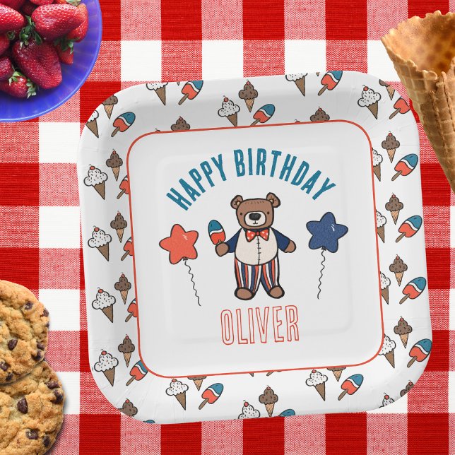 Assiettes En Carton Fête de crème glacée rouge blanc et bleu Anniversa (Personalized 4th of July Bear Birthday Party Plate)