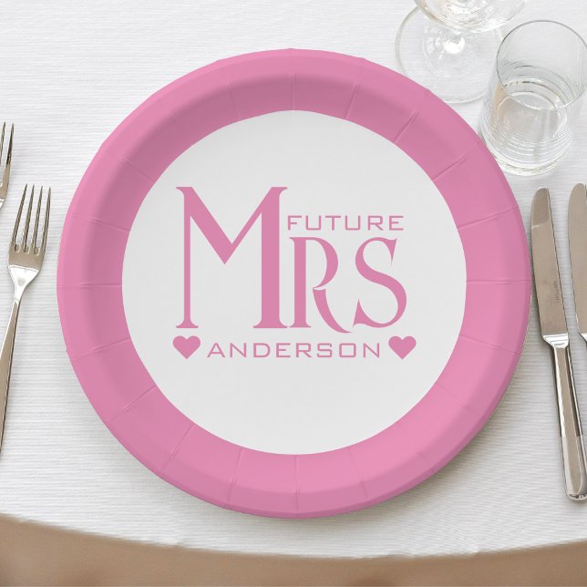 Assiettes En Carton Fête de fiançailles de Mme Future Mariée Rose (pink and white future mrs wedding bridal shower paper plate)