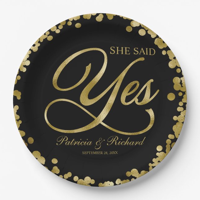 Assiettes En Carton Fête de fiançailles Elle a dit oui Black Gold (Devant)