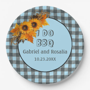 Assiettes En Carton Fête de fiançailles Sunflower & Blue Buffalo Check
