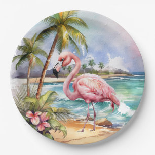 Assiettes En Carton Fête de flamant rose de plage mignonne