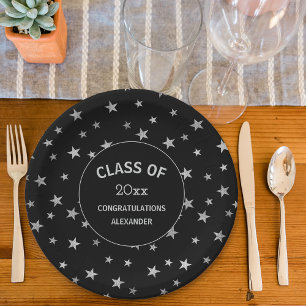 Assiettes En Carton Fête de graduation Black and Silver Stars
