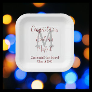 Assiettes En Carton Fête de graduation Blanc Grey Bourgogne Nom Monogr