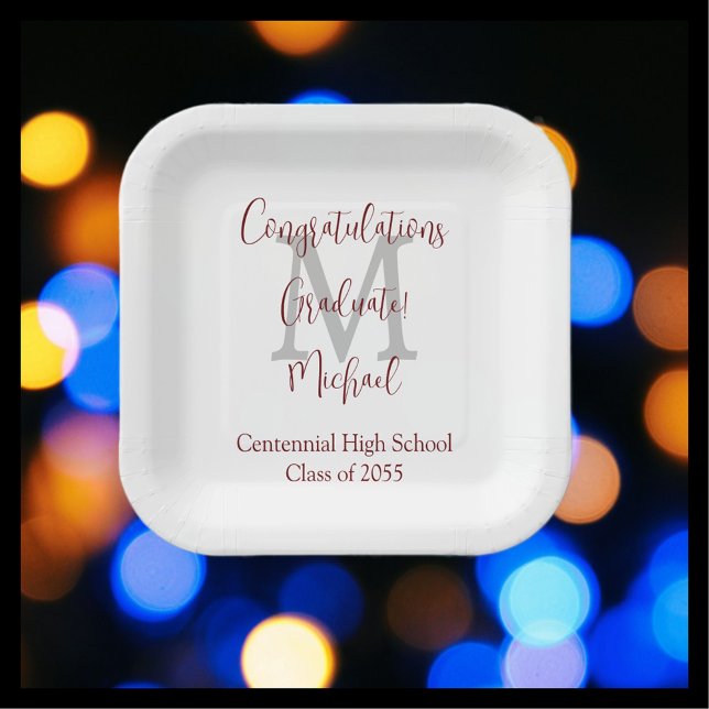 Assiettes En Carton Fête de graduation Blanc Grey Bourgogne Nom Monogr (Créateur téléchargé)