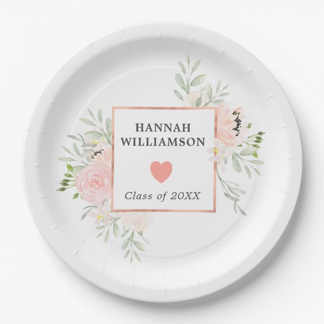 Assiettes En Carton Fête de graduation Blush Rose Rose Floral (Devant)