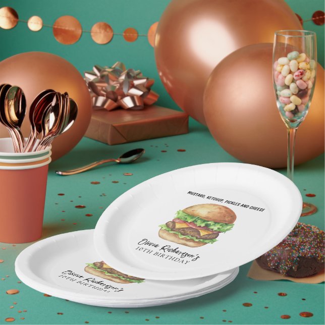 Assiettes En Carton Fête de hamburger aquarelle Anniversaire (Multi)