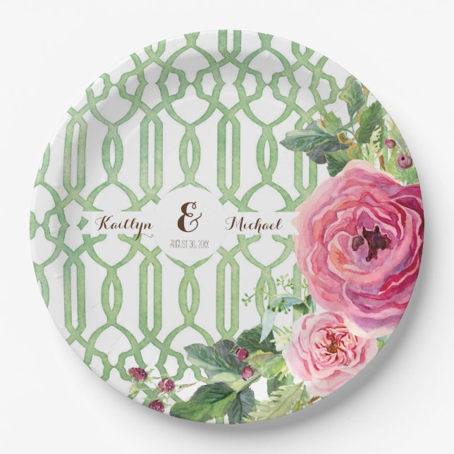 Assiettes En Carton Fête de la mariée rose florale de pivoine de (Devant)