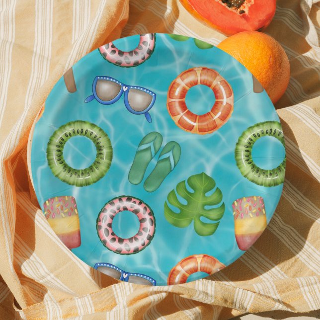 Assiettes En Carton Fête de la Piscine Bleue Tropicale Anniversaire (Créateur téléchargé)