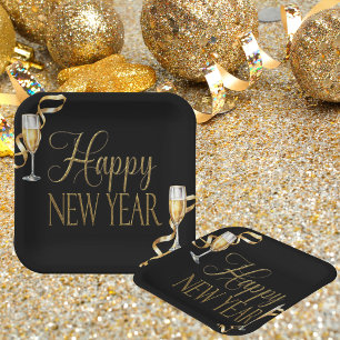 Assiettes En Carton Fête de la Saint-Sylvestre Champagne Black & Gold