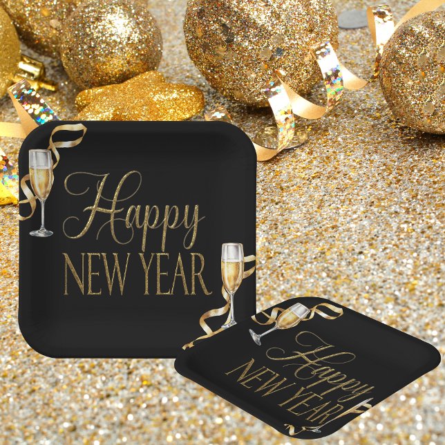 Assiettes En Carton Fête de la Saint-Sylvestre Champagne Black & Gold (Wow your guests with our elegant New Year's Party Paper Plates!)